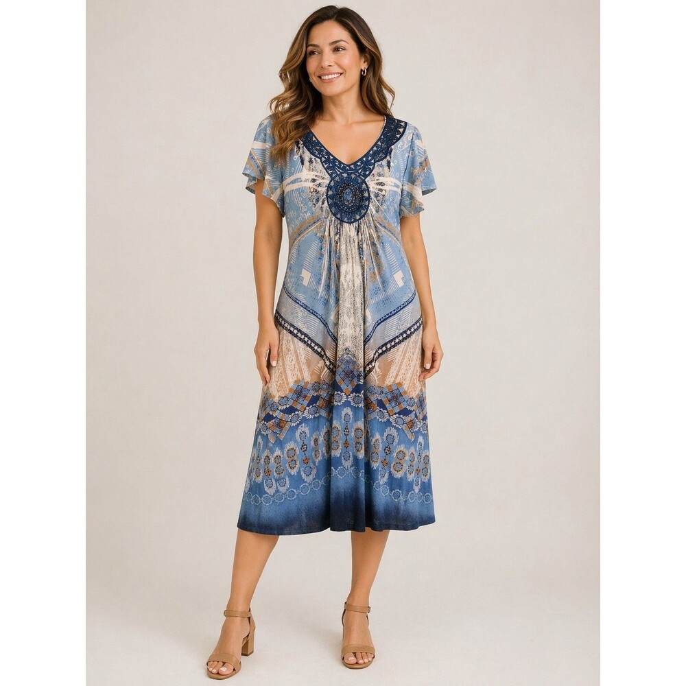 World Unity Women's Dress Blue Geometric Shift Size XL V-Neck Short Sleeve